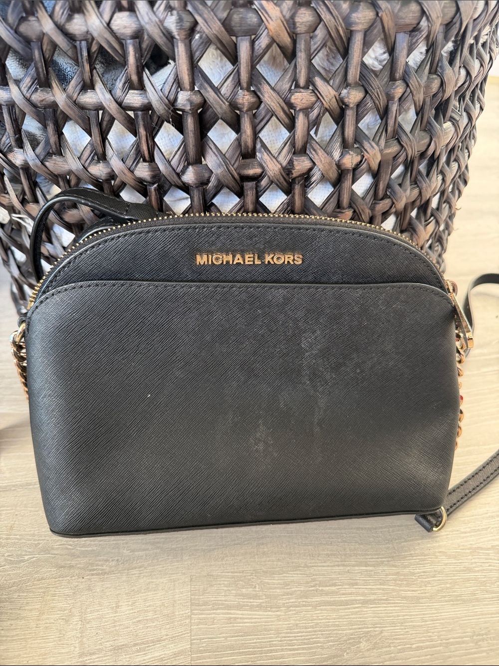 Michael Kors Black Saffiano Leather Crossbody Dome Bag with Gold Hardware